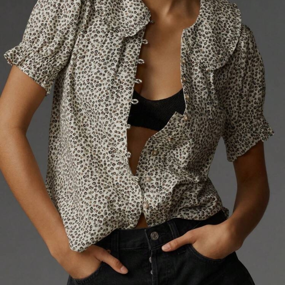 NEW Cute White Brown Black Floral Short Sleeve Blouse